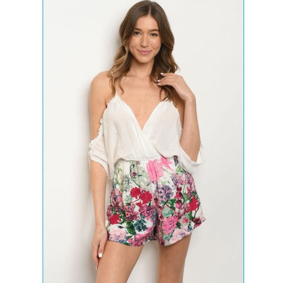 Boutique Pants - White Romper with Flowers